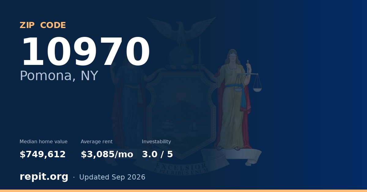 ZIP code 10970 (Pomona, NY) — median home value $749,612, average rent $3,085/mo