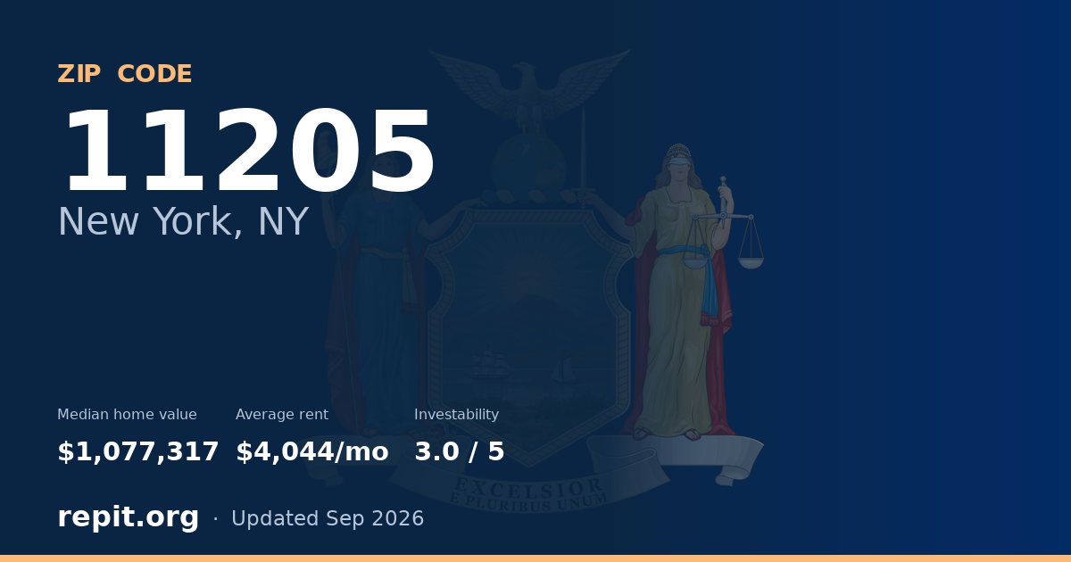 ZIP code 11205 (New York, NY) — median home value $1,077,317, average rent $4,044/mo
