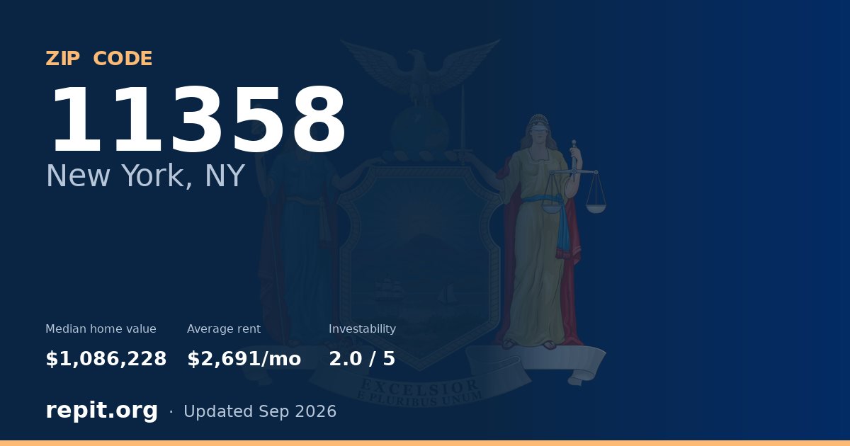 ZIP code 11358 (New York, NY) — median home value $1,086,228, average rent $2,691/mo