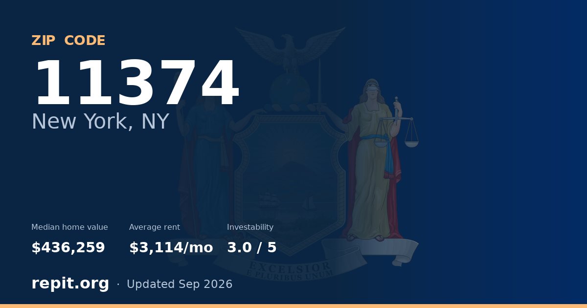 ZIP code 11374 (New York, NY) — median home value $436,259, average rent $3,114/mo