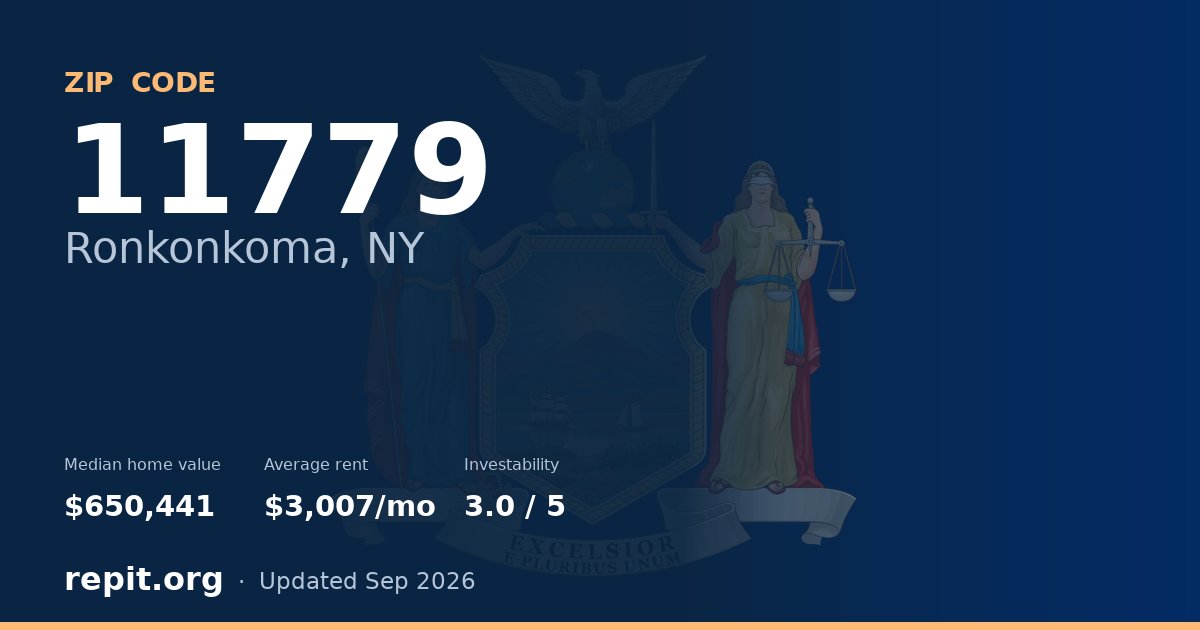 ZIP code 11779 (Ronkonkoma, NY) — median home value $650,441, average rent $3,007/mo