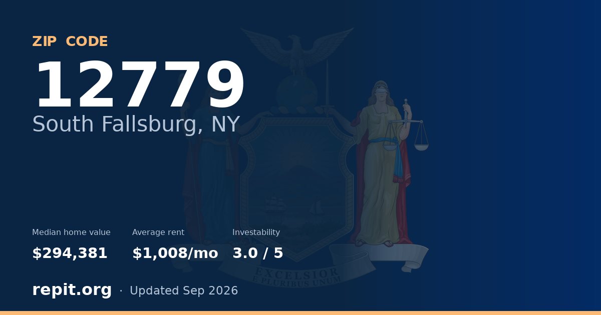 ZIP code 12779 (South Fallsburg, NY) — median home value $294,381, average rent $1,008/mo