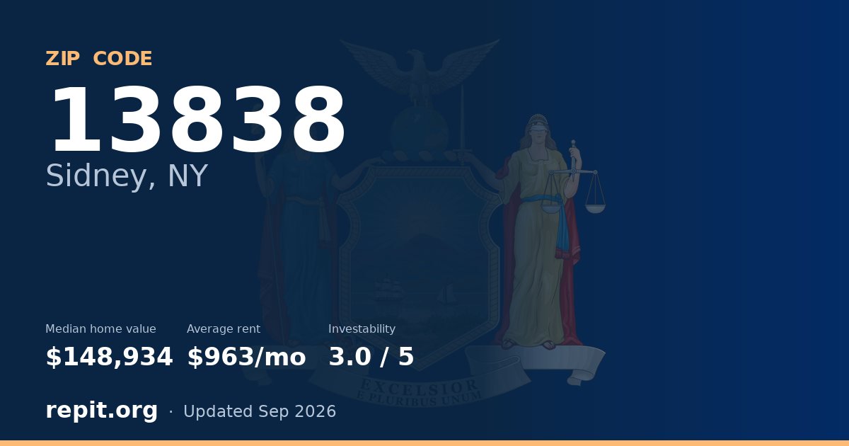 ZIP code 13838 (Sidney, NY) — median home value $148,934, average rent $963/mo