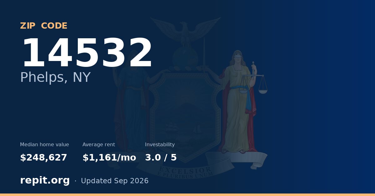 ZIP code 14532 (Phelps, NY) — median home value $248,627, average rent $1,161/mo