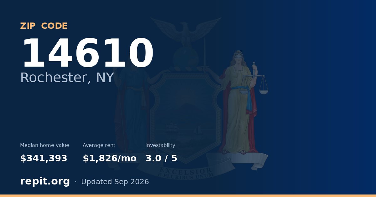 ZIP code 14610 (Rochester, NY) — median home value $341,393, average rent $1,826/mo