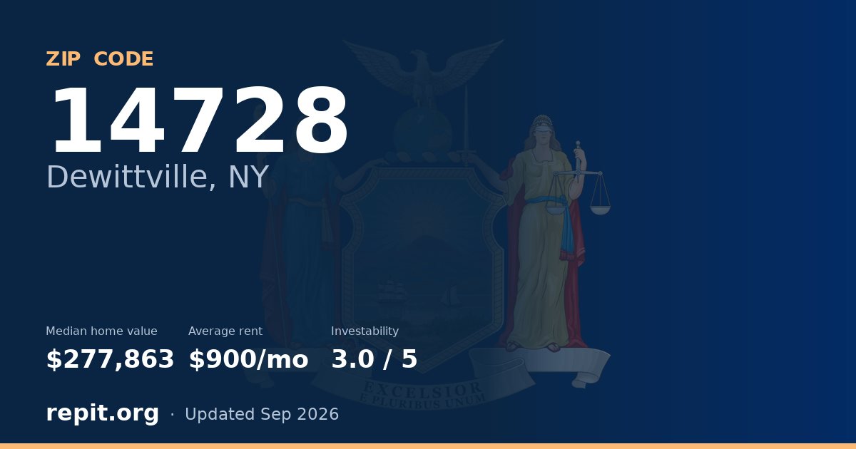 ZIP code 14728 (Dewittville, NY) — median home value $277,863, average rent $900/mo