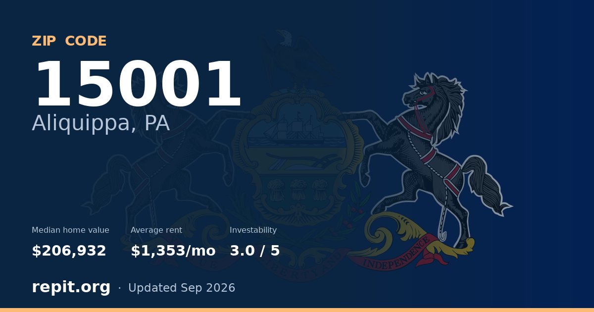 ZIP code 15001 (Aliquippa, PA) — median home value $206,932, average rent $1,353/mo