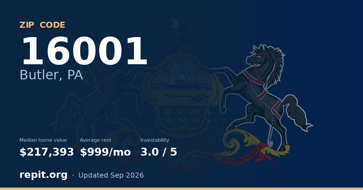 ZIP code 16001 (Butler, PA) — median home value $217,393, average rent $999/mo