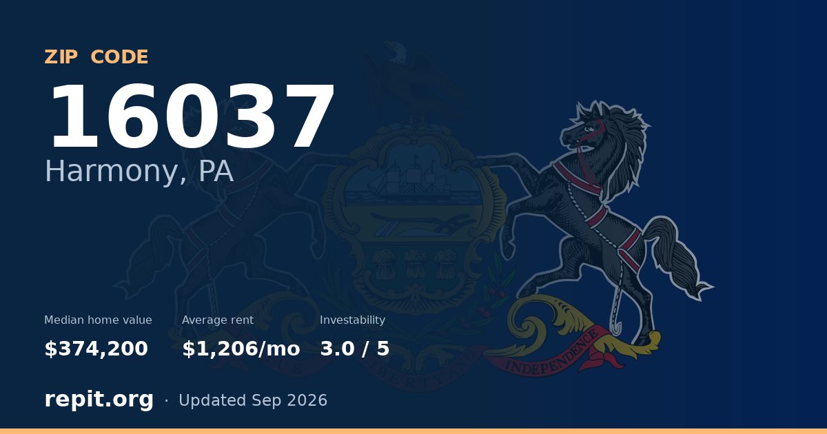 ZIP code 16037 (Harmony, PA) — median home value $374,200, average rent $1,206/mo