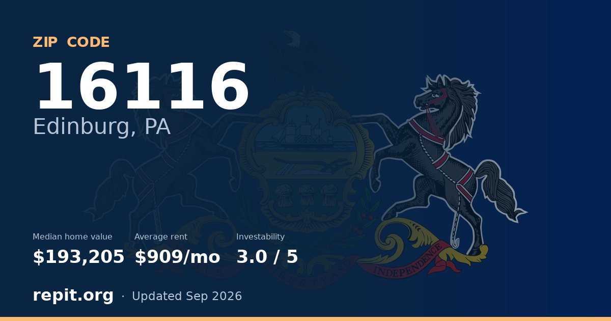 ZIP code 16116 (Edinburg, PA) — median home value $193,205, average rent $909/mo
