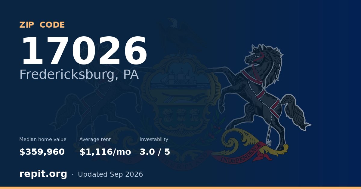 ZIP code 17026 (Fredericksburg, PA) — median home value $359,960, average rent $1,116/mo