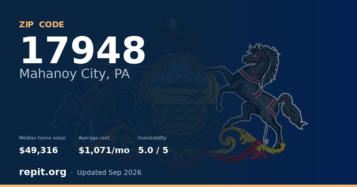 ZIP code 17948 (Mahanoy City, PA) — median home value $49,316, average rent $1,071/mo