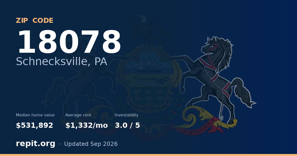 ZIP code 18078 (Schnecksville, PA) — median home value $531,892, average rent $1,332/mo