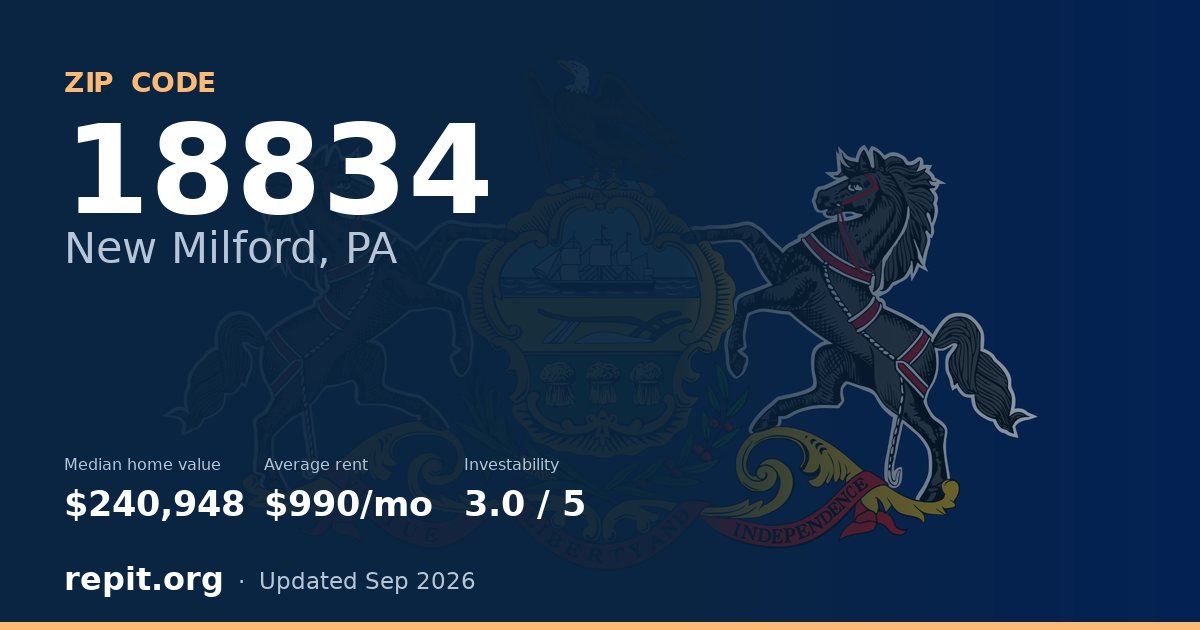 ZIP code 18834 (New Milford, PA) — median home value $240,948, average rent $990/mo