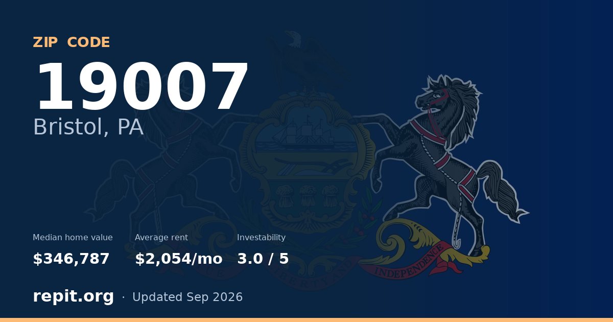 ZIP code 19007 (Bristol, PA) — median home value $346,787, average rent $2,054/mo
