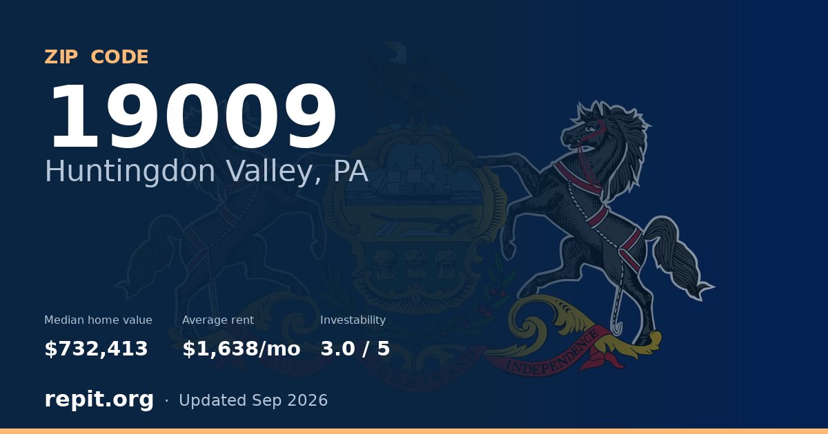 ZIP code 19009 (Huntingdon Valley, PA) — median home value $732,413, average rent $1,638/mo