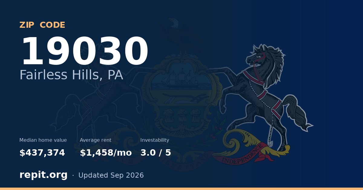 ZIP code 19030 (Fairless Hills, PA) — median home value $437,374, average rent $1,458/mo