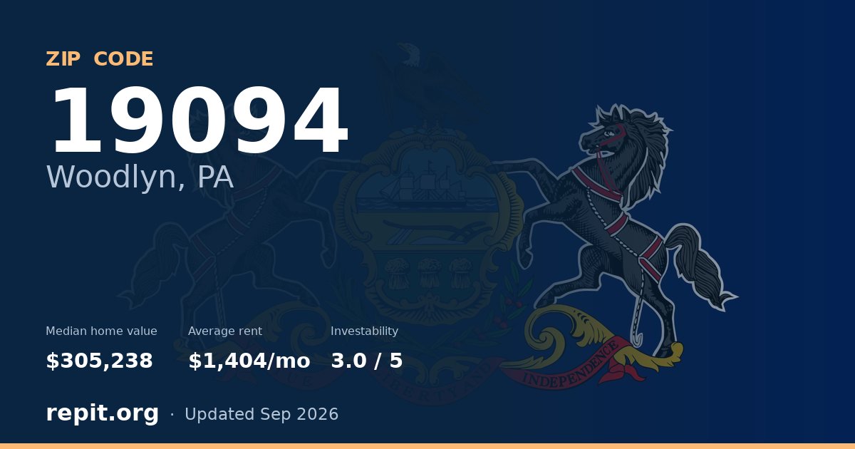 ZIP code 19094 (Woodlyn, PA) — median home value $305,238, average rent $1,404/mo