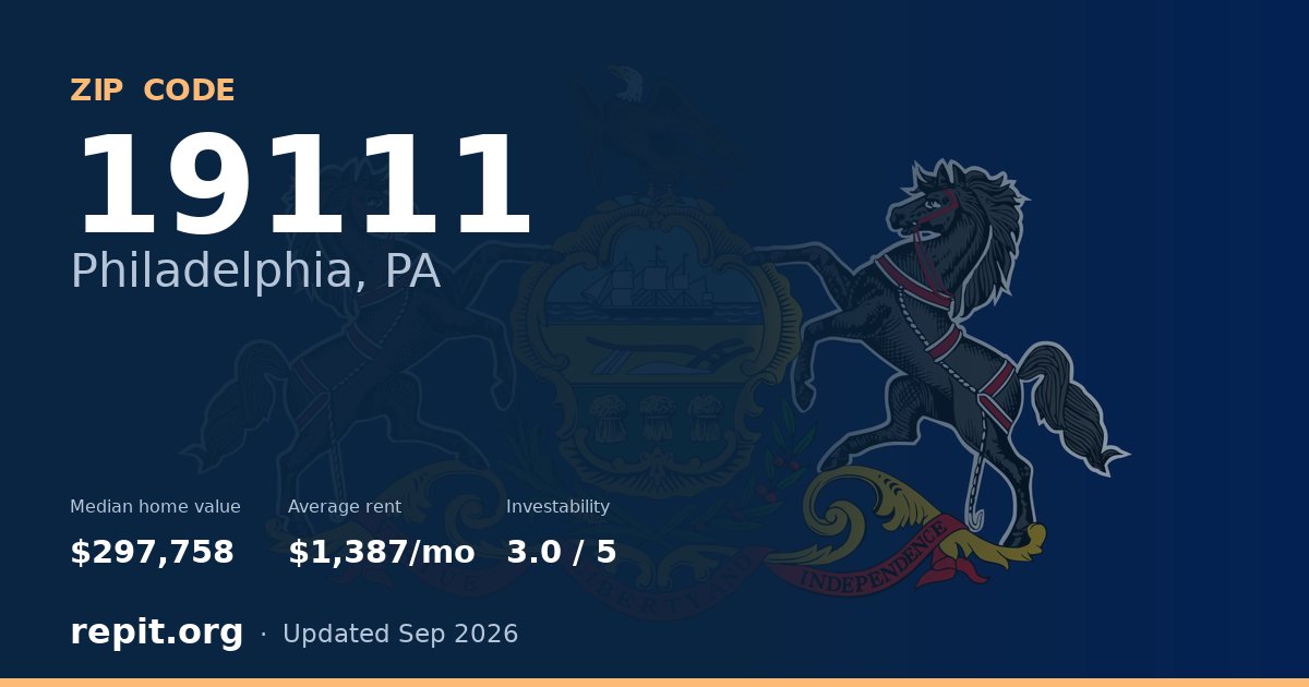 ZIP code 19111 (Philadelphia, PA) — median home value $297,758, average rent $1,387/mo