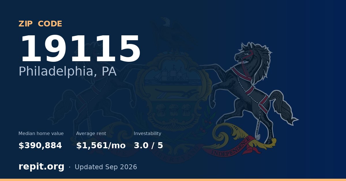 ZIP code 19115 (Philadelphia, PA) — median home value $390,884, average rent $1,561/mo