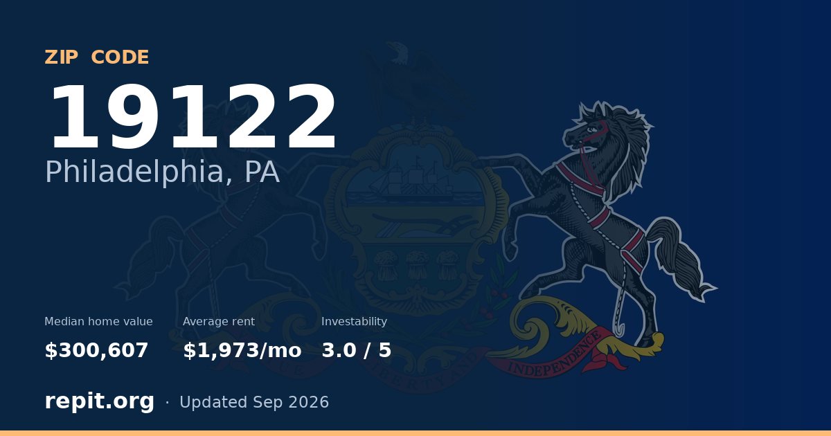 ZIP code 19122 (Philadelphia, PA) — median home value $300,607, average rent $1,973/mo