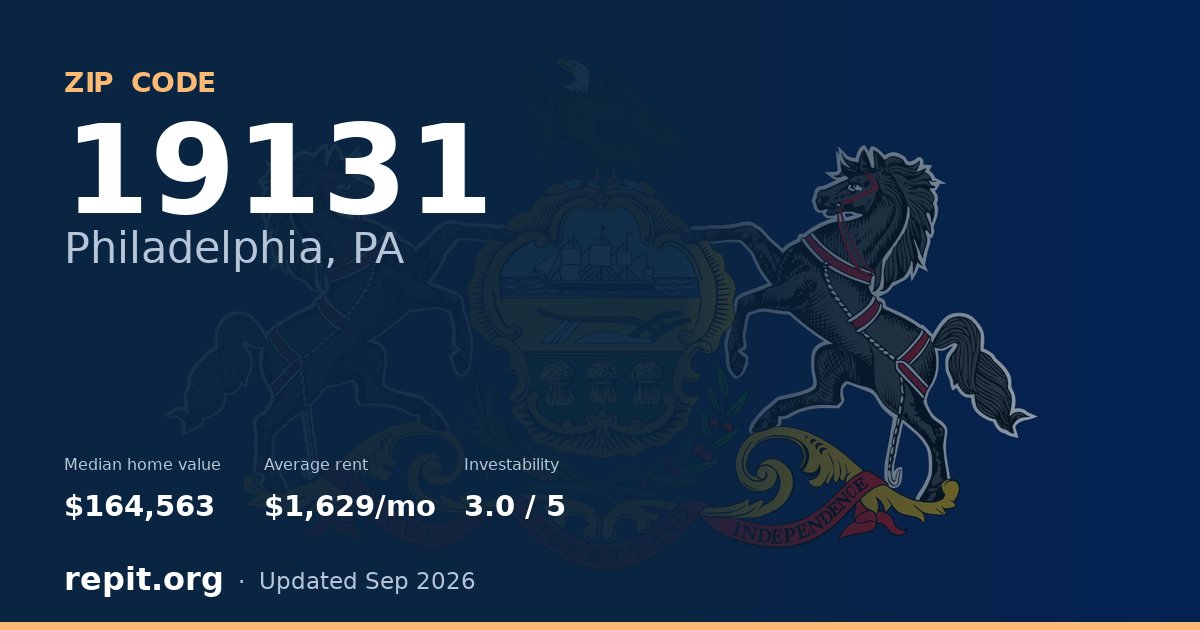 ZIP code 19131 (Philadelphia, PA) — median home value $164,563, average rent $1,629/mo