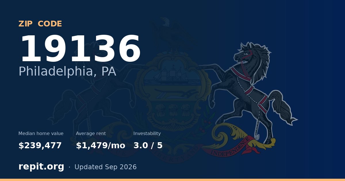 ZIP code 19136 (Philadelphia, PA) — median home value $239,477, average rent $1,479/mo