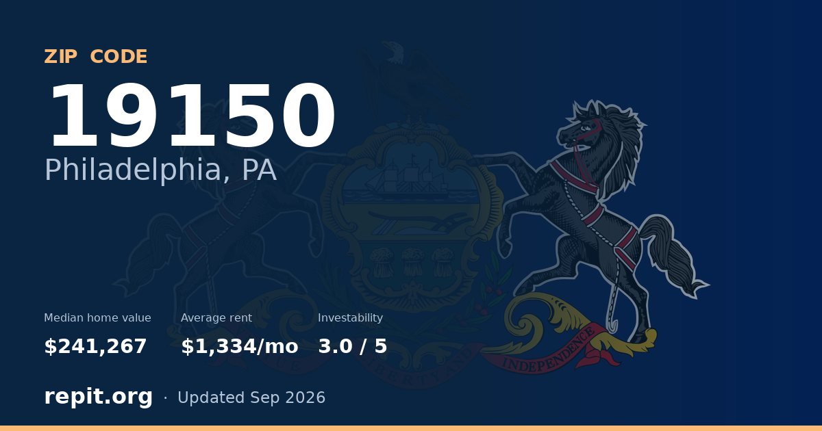 ZIP code 19150 (Philadelphia, PA) — median home value $241,267, average rent $1,334/mo