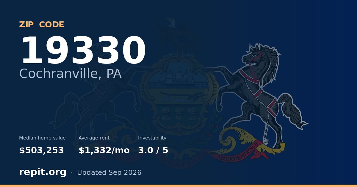 ZIP code 19330 (Cochranville, PA) — median home value $503,253, average rent $1,332/mo