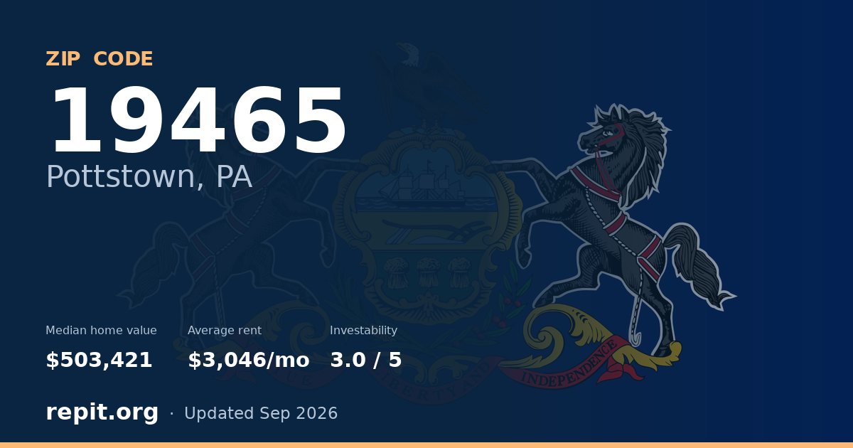 ZIP code 19465 (Pottstown, PA) — median home value $503,421, average rent $3,046/mo