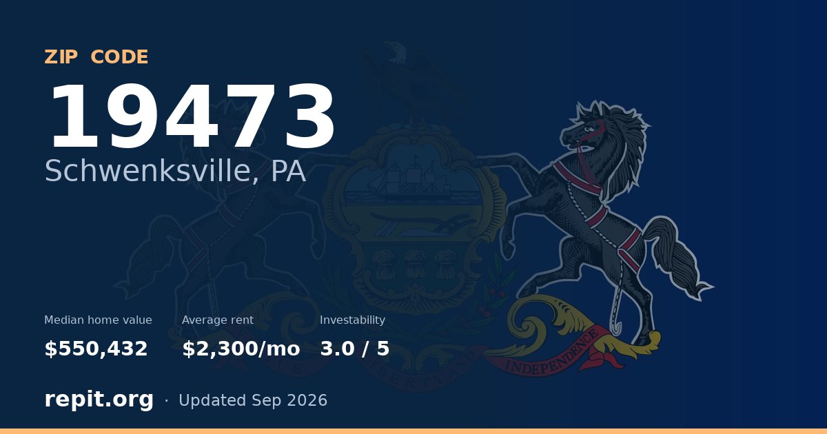 ZIP code 19473 (Schwenksville, PA) — median home value $550,432, average rent $2,300/mo