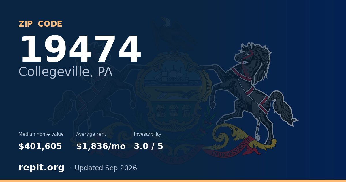 ZIP code 19474 (Collegeville, PA) — median home value $401,605, average rent $1,836/mo