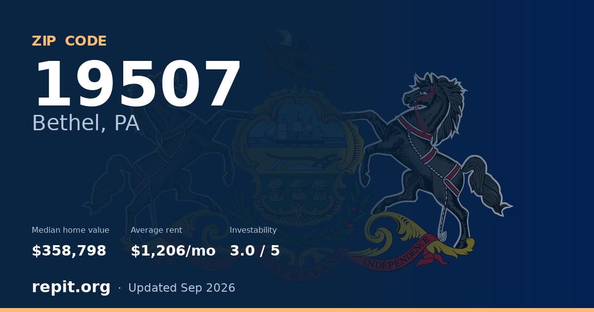 ZIP code 19507 (Bethel, PA) — median home value $358,798, average rent $1,206/mo