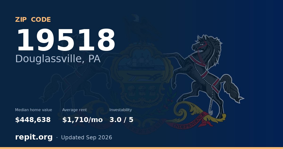 ZIP code 19518 (Douglassville, PA) — median home value $448,638, average rent $1,710/mo