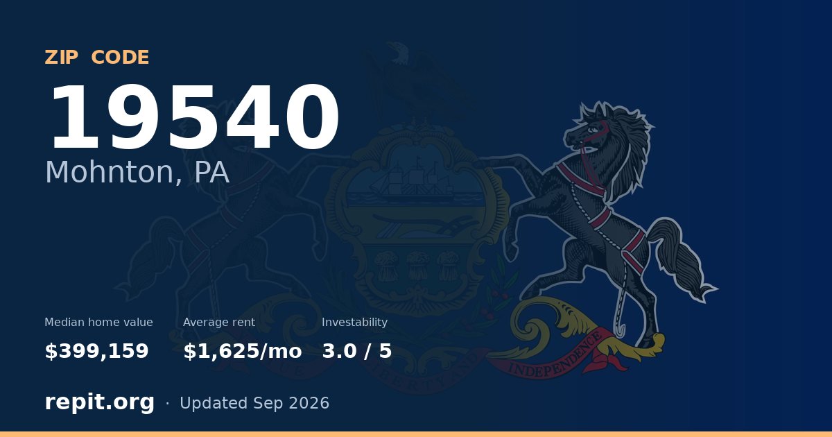 ZIP code 19540 (Mohnton, PA) — median home value $399,159, average rent $1,625/mo
