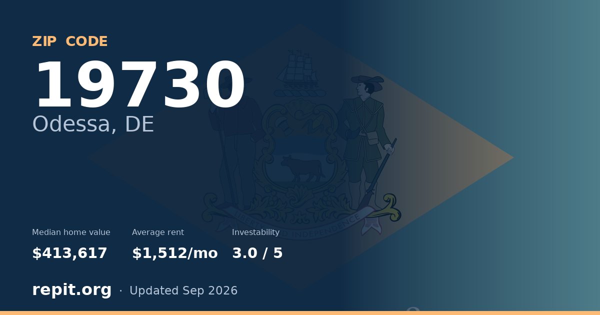 ZIP code 19730 (Odessa, DE) — median home value $413,617, average rent $1,512/mo
