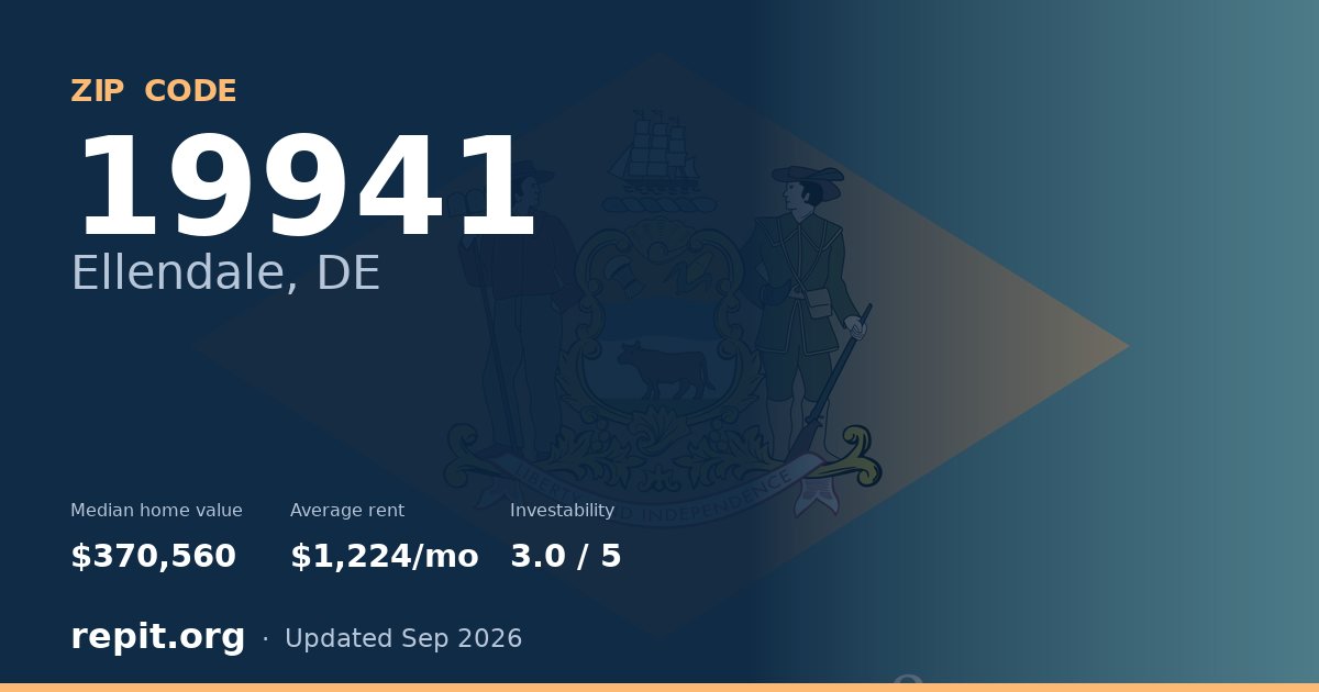 ZIP code 19941 (Ellendale, DE) — median home value $370,560, average rent $1,224/mo