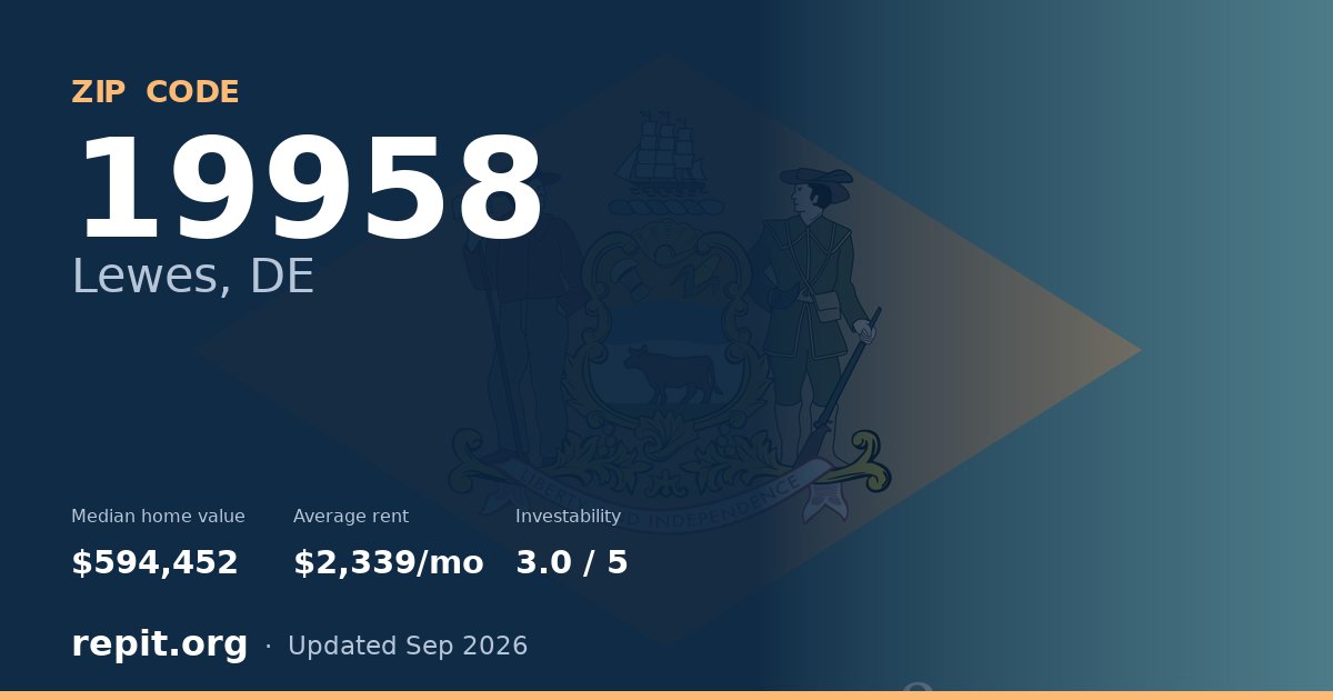ZIP code 19958 (Lewes, DE) — median home value $594,452, average rent $2,339/mo