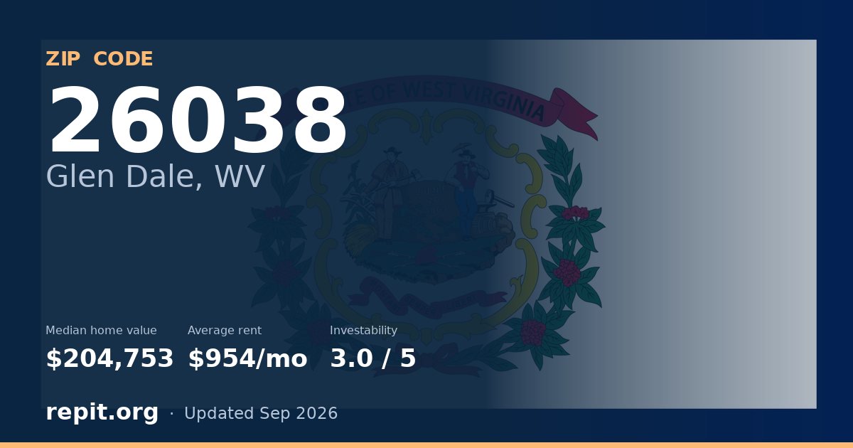 ZIP code 26038 (Glen Dale, WV) — median home value $204,753, average rent $954/mo