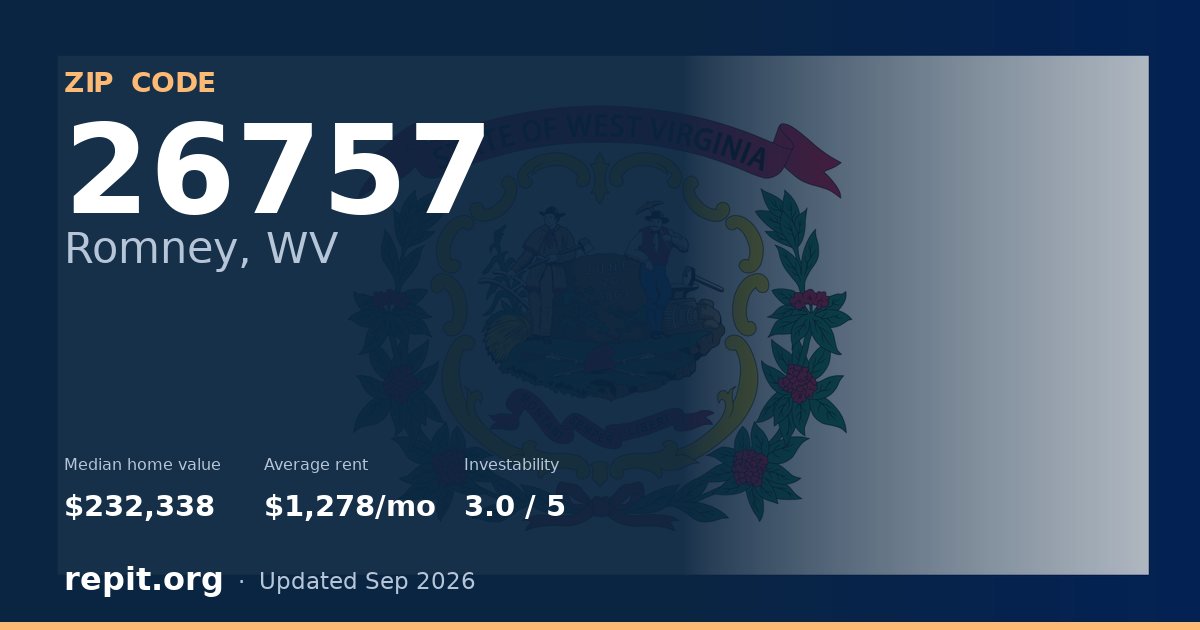 ZIP code 26757 (Romney, WV) — median home value $232,338, average rent $1,278/mo