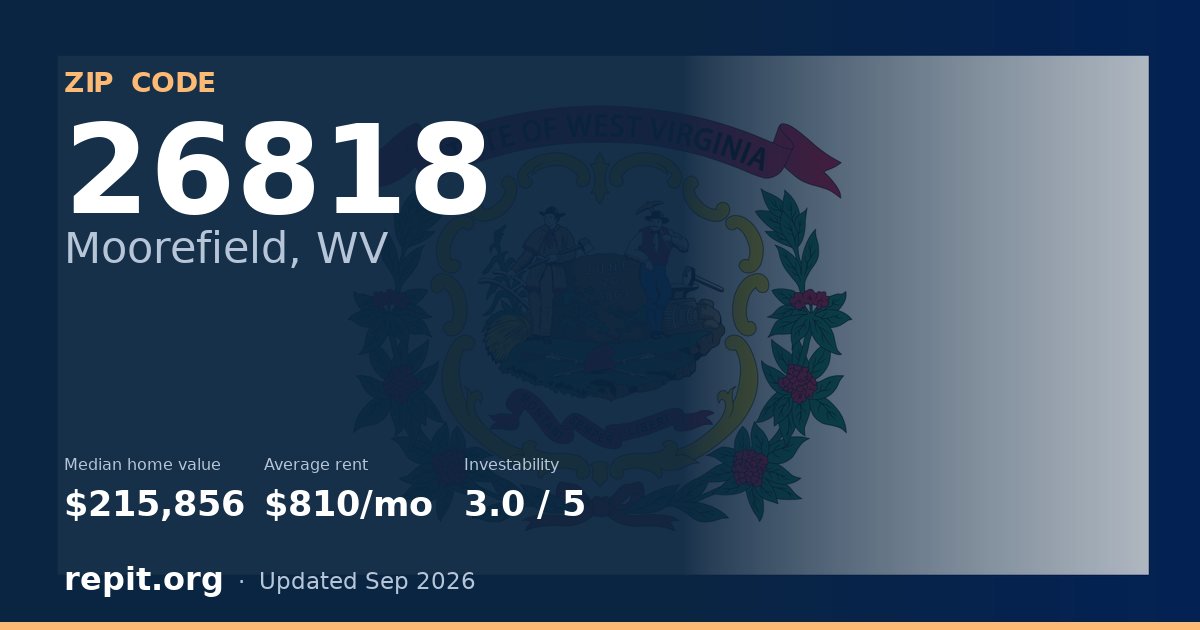 ZIP code 26818 (Moorefield, WV) — median home value $215,856, average rent $810/mo
