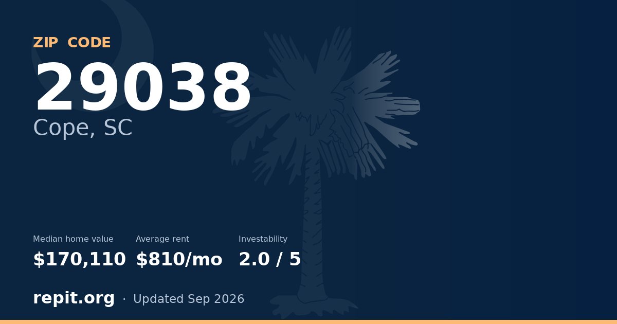 ZIP code 29038 (Cope, SC) — median home value $170,110, average rent $810/mo