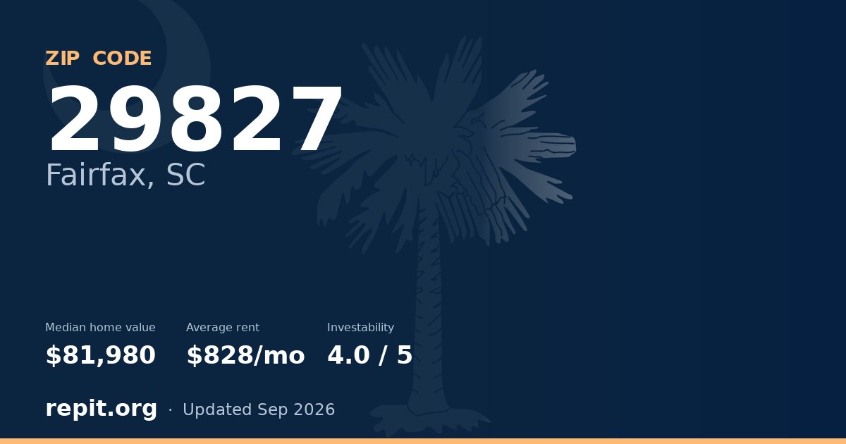 ZIP code 29827 (Fairfax, SC) — median home value $81,980, average rent $828/mo