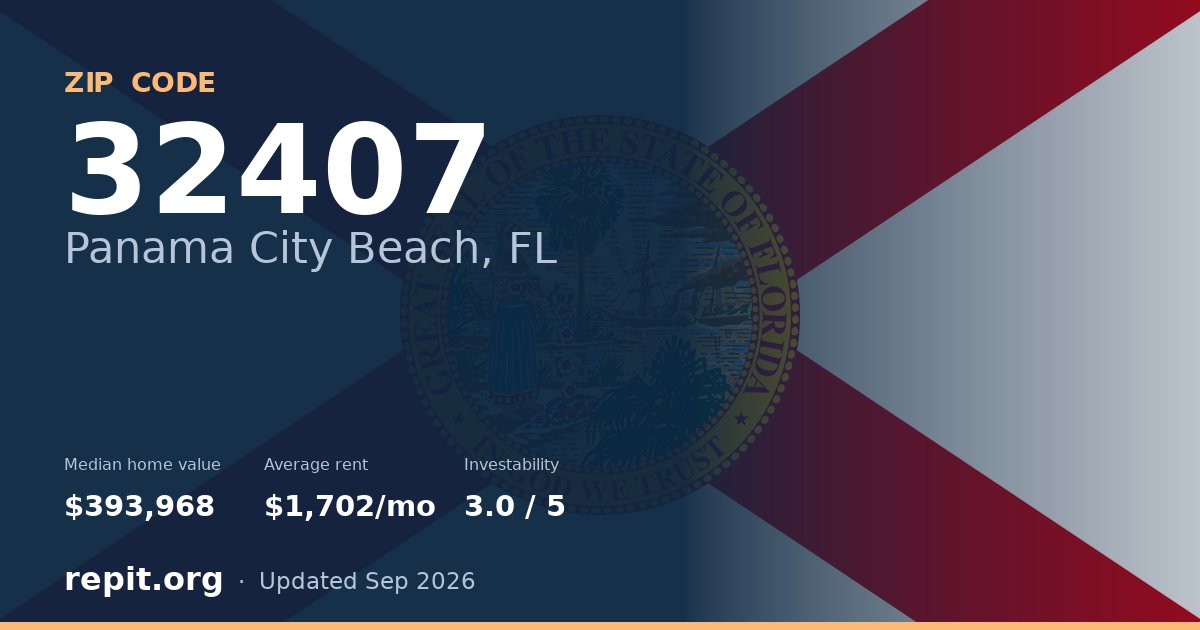 ZIP code 32407 (Panama City Beach, FL) — median home value $393,968, average rent $1,702/mo