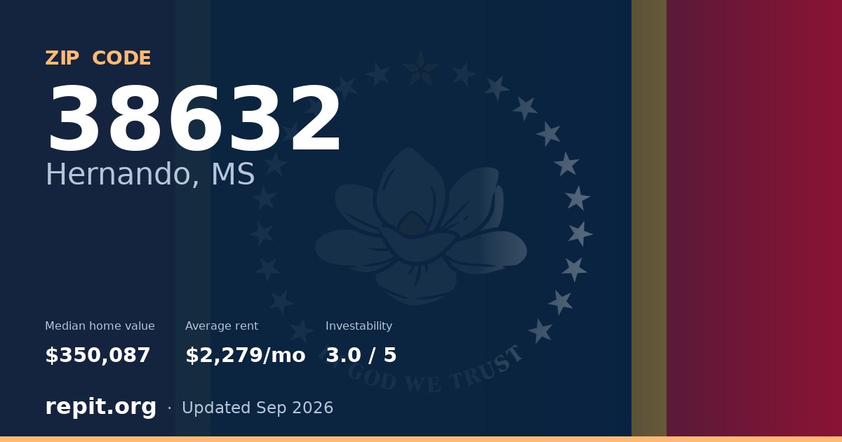ZIP code 38632 (Hernando, MS) — median home value $350,087, average rent $2,279/mo