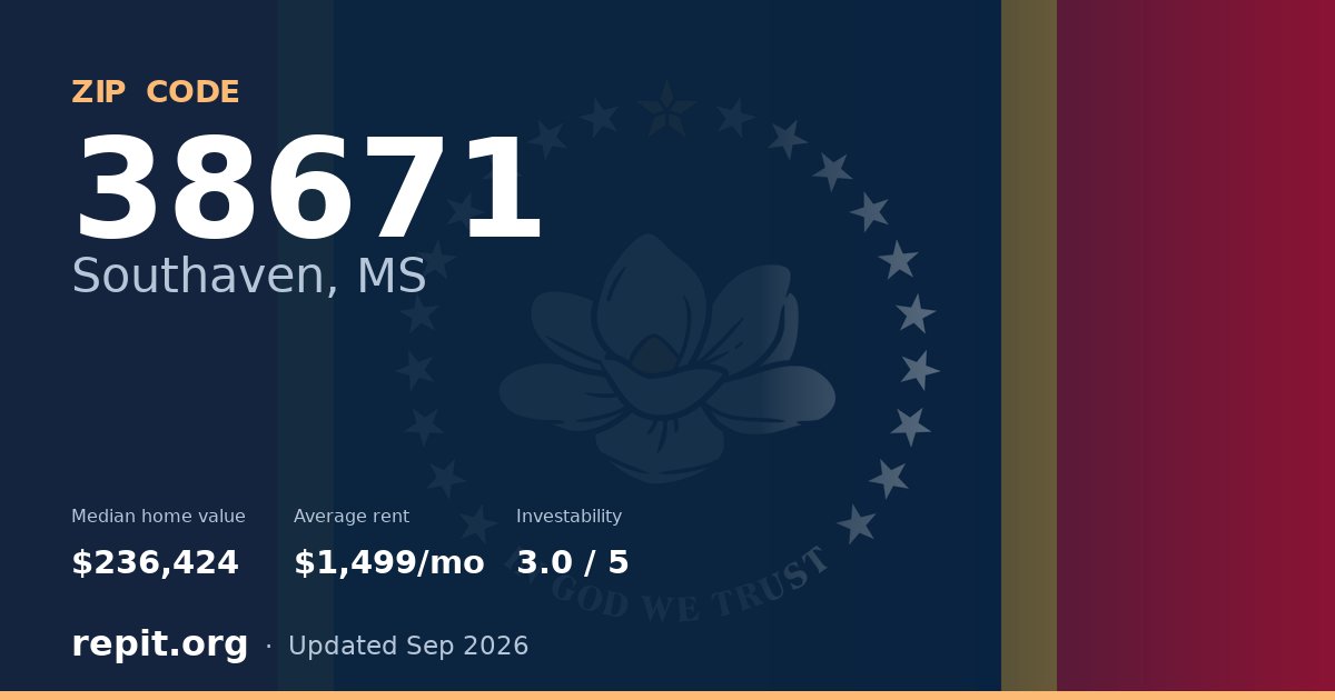 ZIP code 38671 (Southaven, MS) — median home value $236,424, average rent $1,499/mo