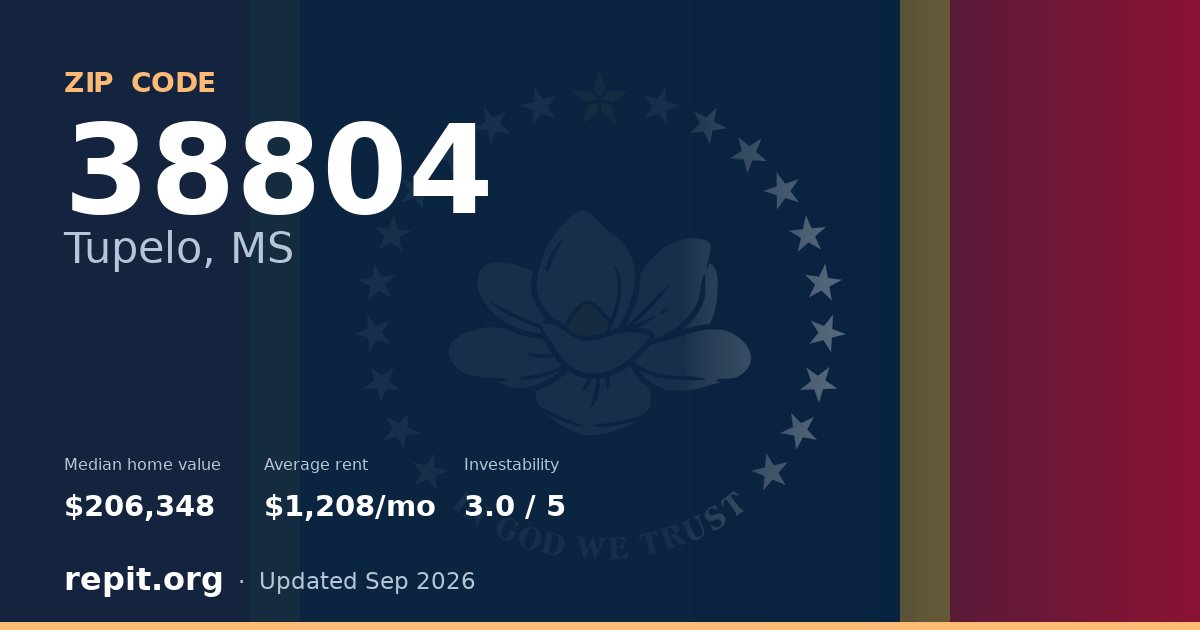 ZIP code 38804 (Tupelo, MS) — median home value $206,348, average rent $1,208/mo