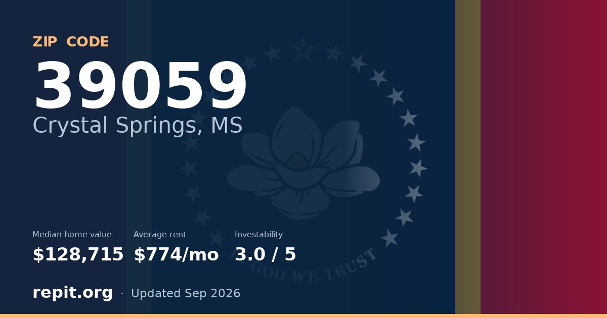 ZIP code 39059 (Crystal Springs, MS) — median home value $128,715, average rent $774/mo
