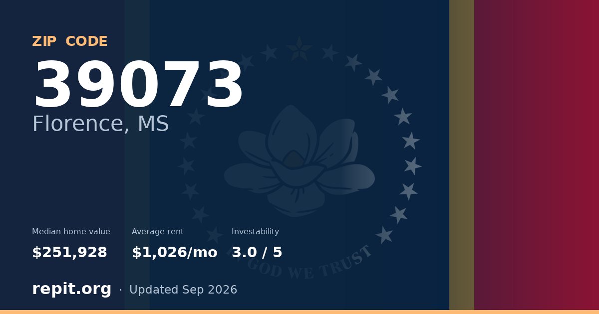 ZIP code 39073 (Florence, MS) — median home value $251,928, average rent $1,026/mo
