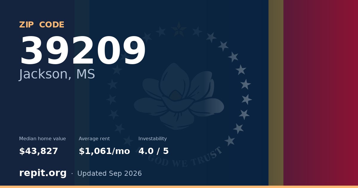 ZIP code 39209 (Jackson, MS) — median home value $43,827, average rent $1,061/mo